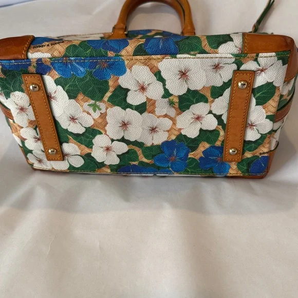Dooney & Bourke Pansy Domed Satchel Yellow Blue Tan White Floral Leather - Picture 6 of 14